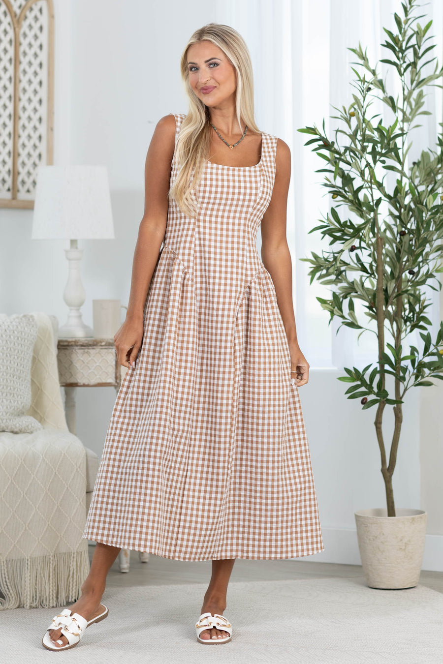 Light Brown Gingham Basque Waist Midi Dress
