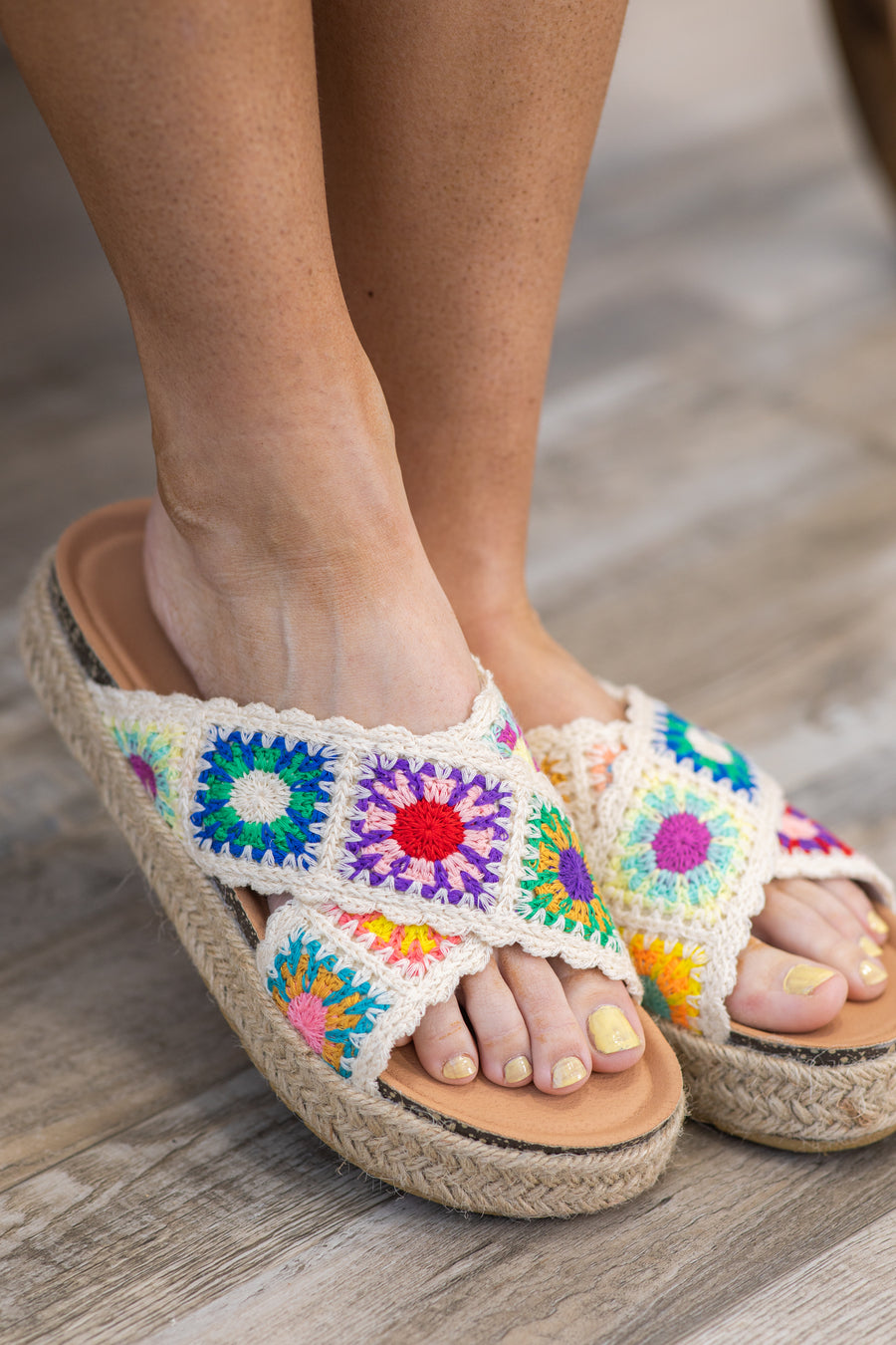 Beige Multicolor Crochet Platform Sandal