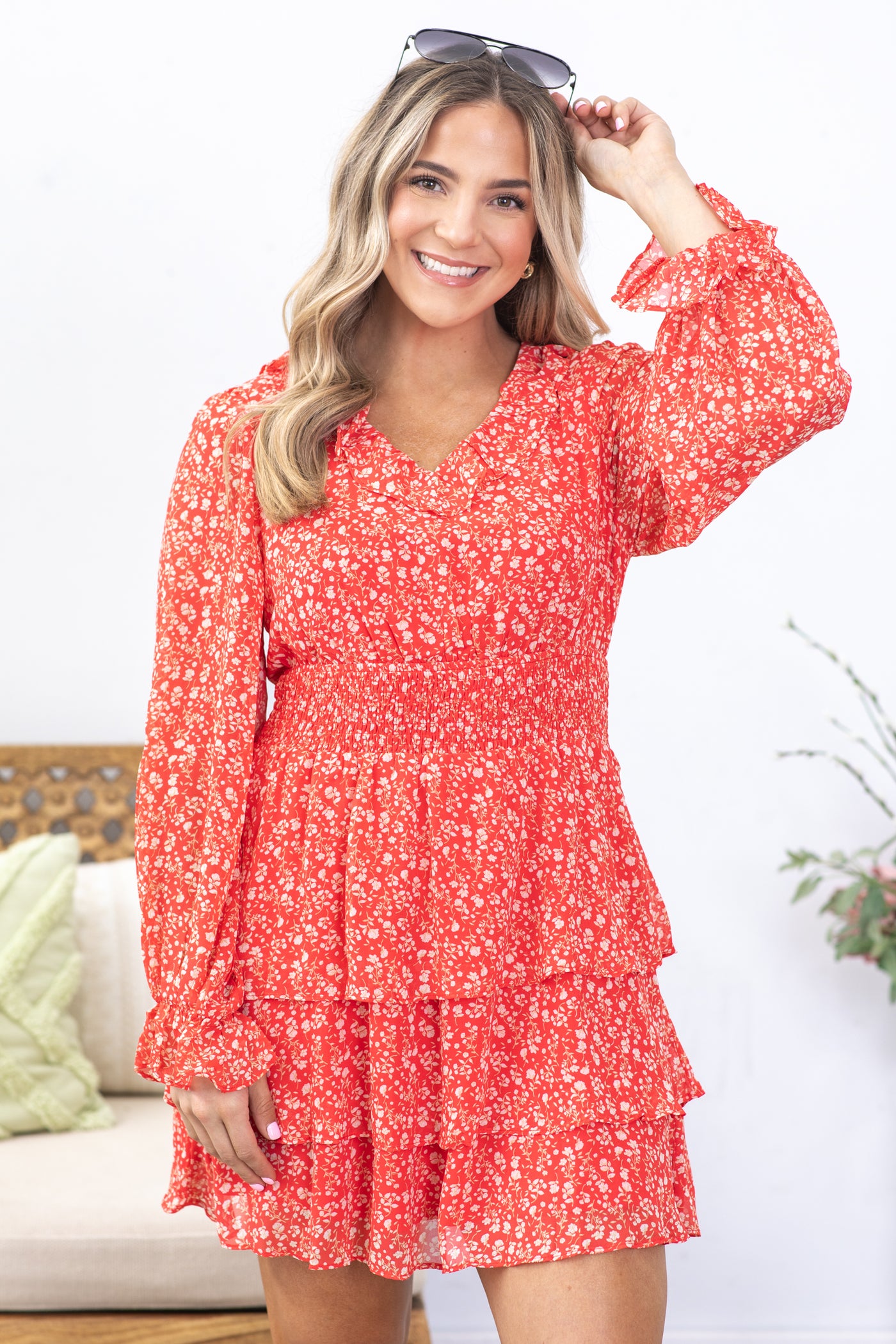 Red Ditsy Floral Smocked Waist Dress