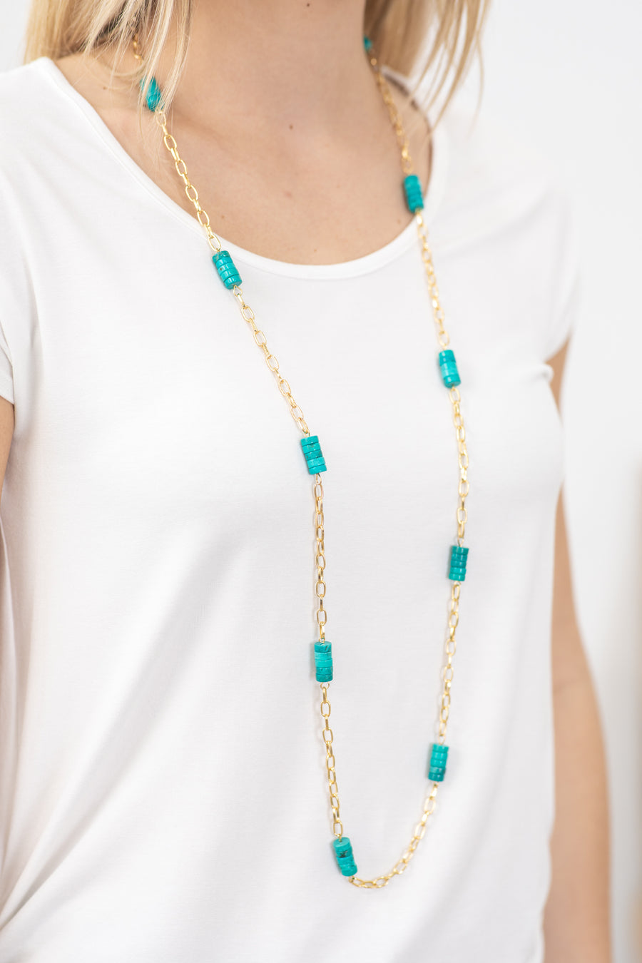 Gold and Turquoise Long Layering Necklace