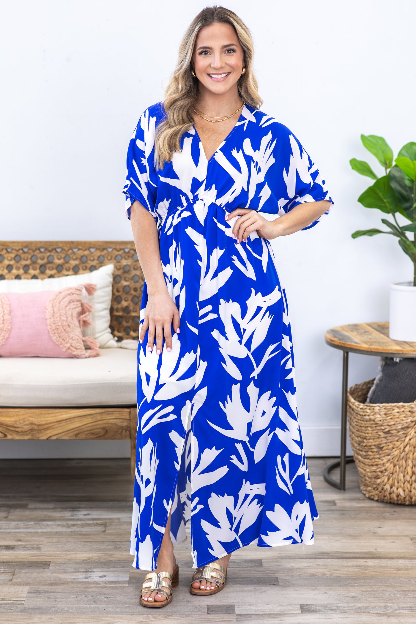 Royal Blue Print V-Neck Maxi Dress
