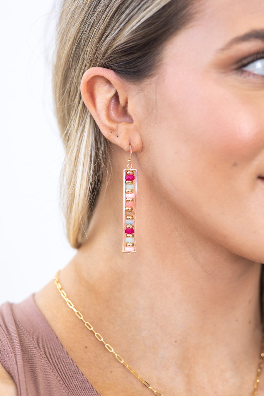 Gold and Multicolor Beaded Bar Earrings