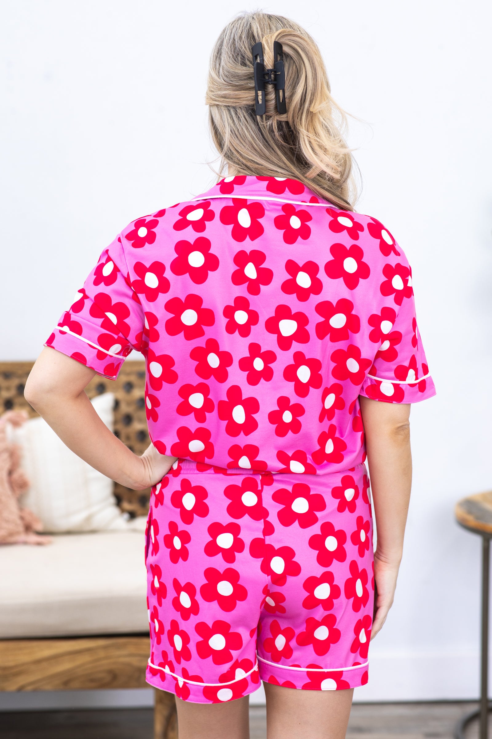 Pink Flower Print Shirt and Shorts PJ Set
