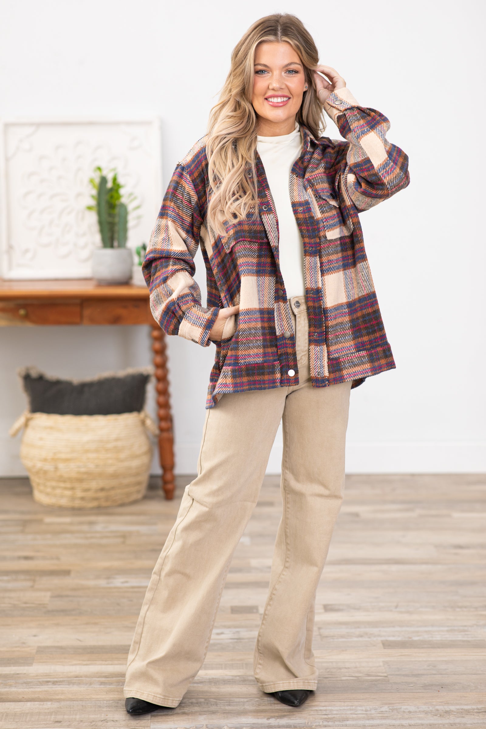 Brown and Tan Multicolor Plaid Shacket
