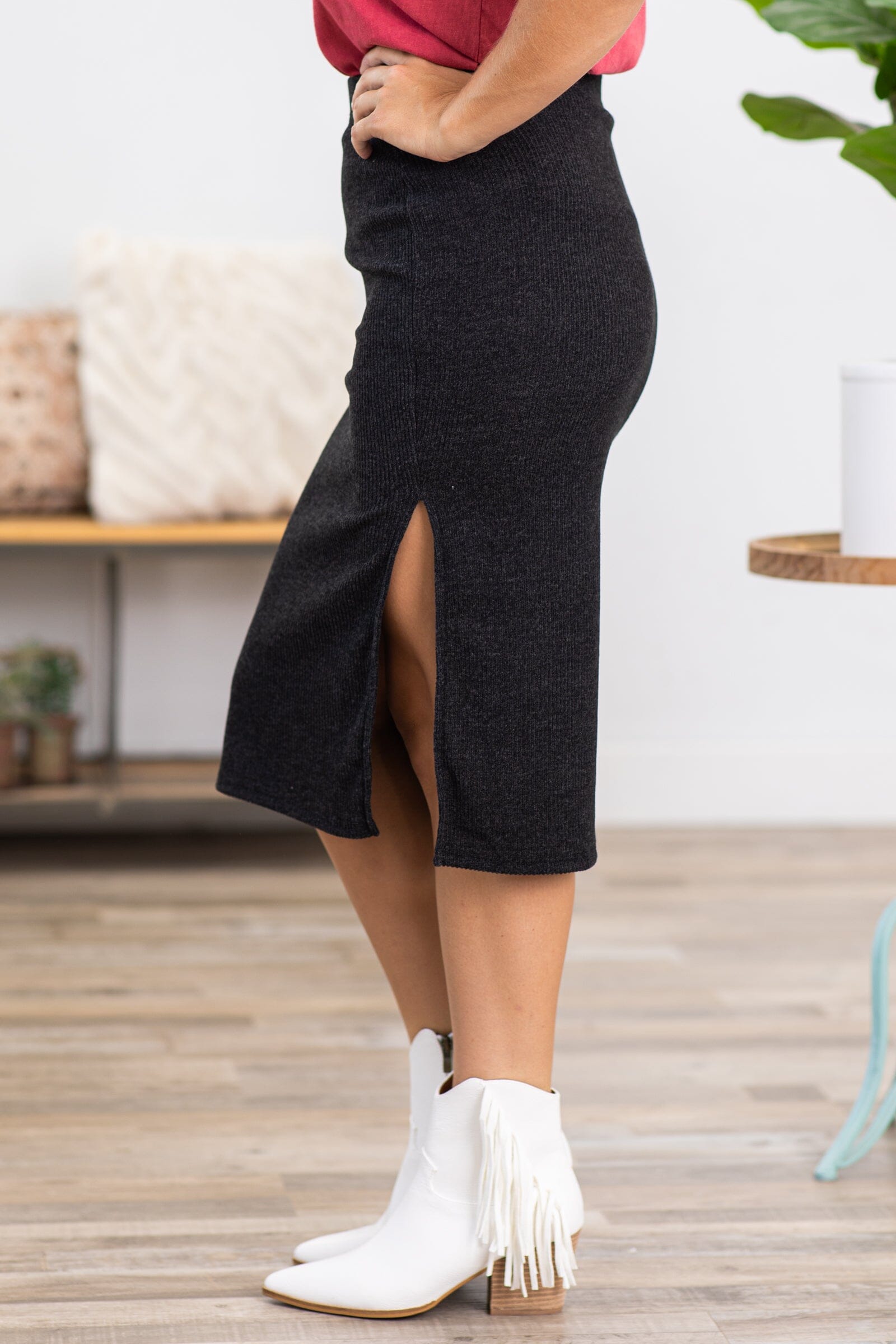 Charcoal Knit Midi Skirt With Side Slit - Filly Flair