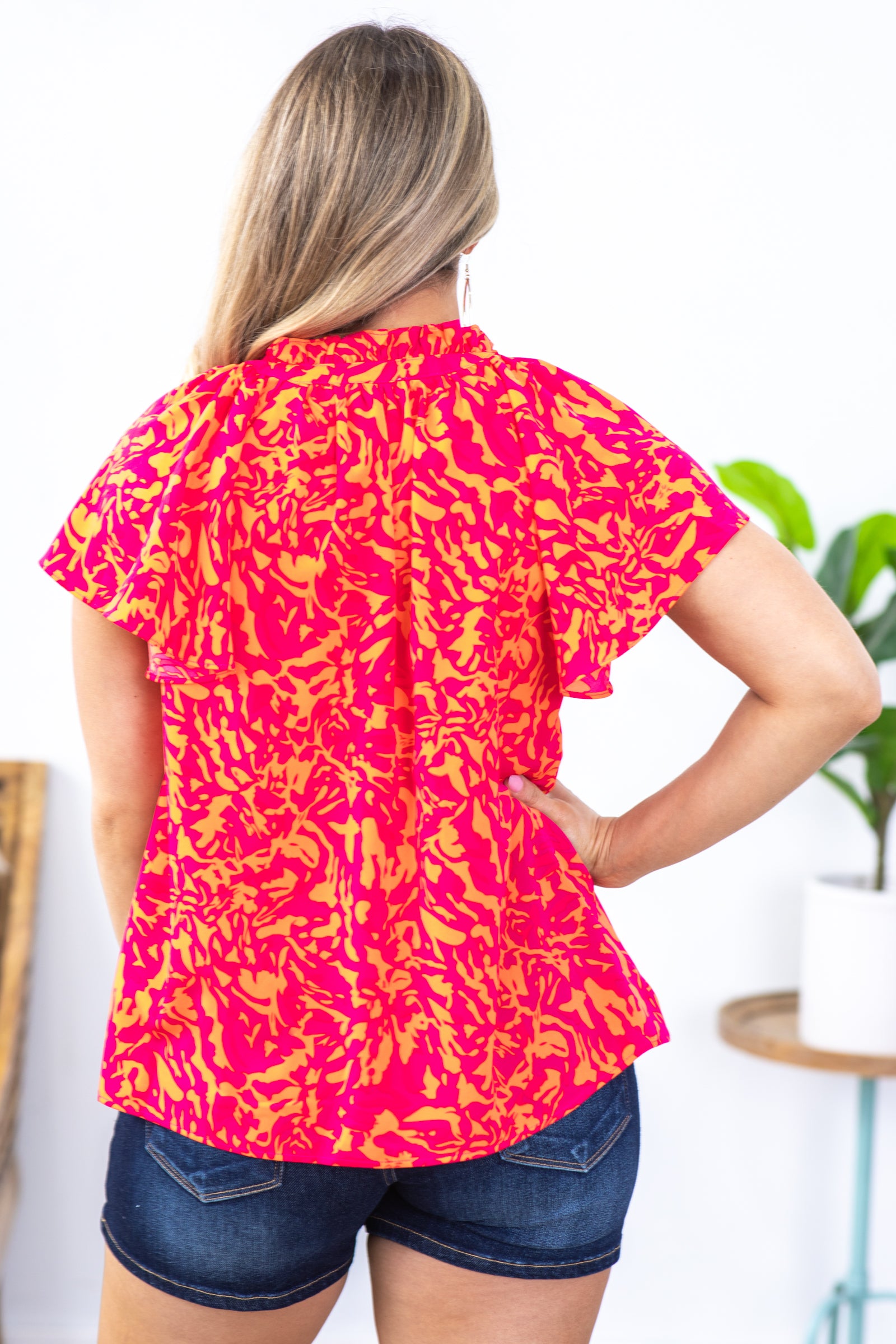 Orange Two Tone Abstract Print Woven Top