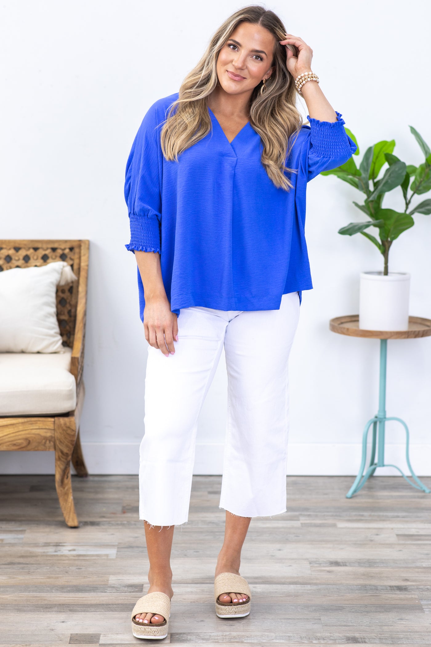 Royal Blue Airflow Top With Smocked Cuff