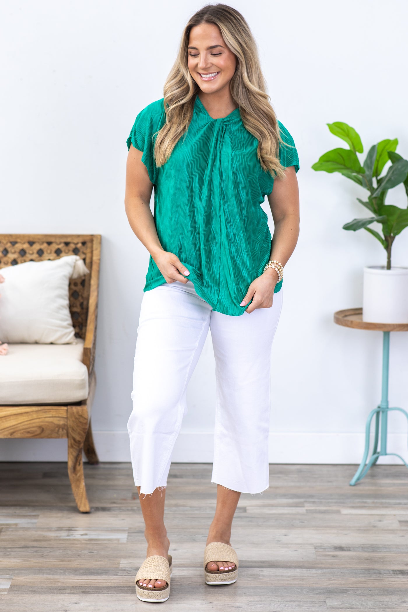 Jade Gathered Neck Pleated Woven Top
