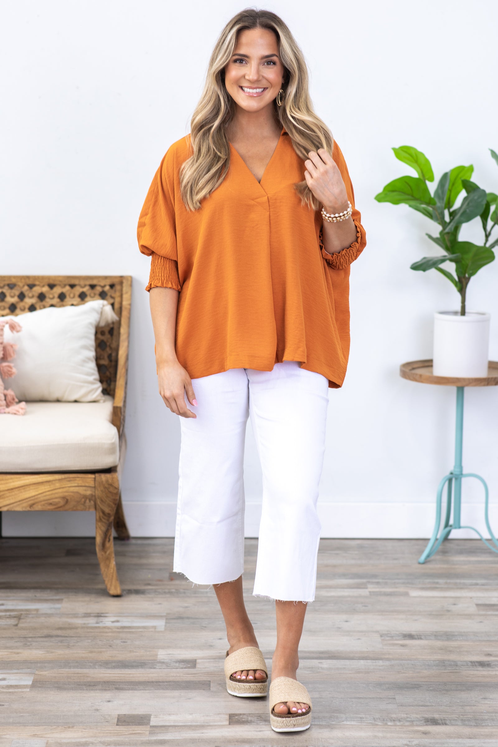 Cinnamon Airflow Top With Smocked Cuff