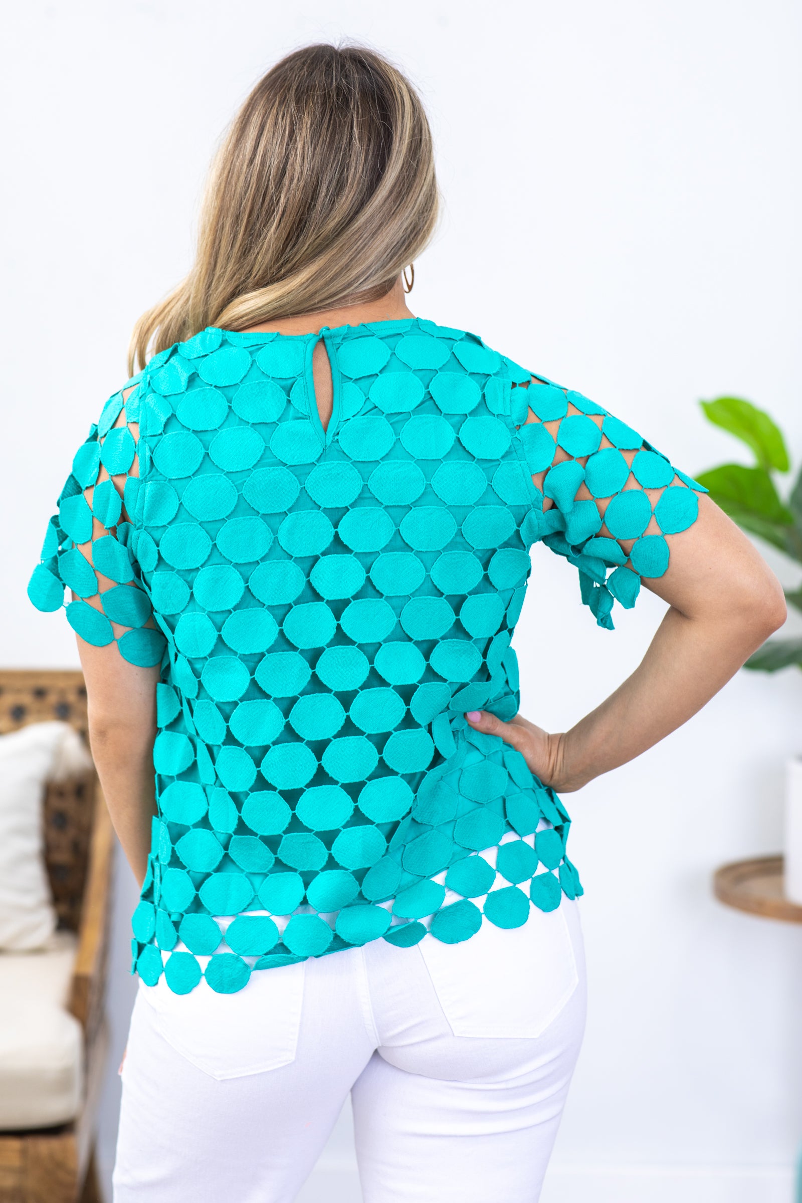 Turquoise Polka Dot Lace Woven Top