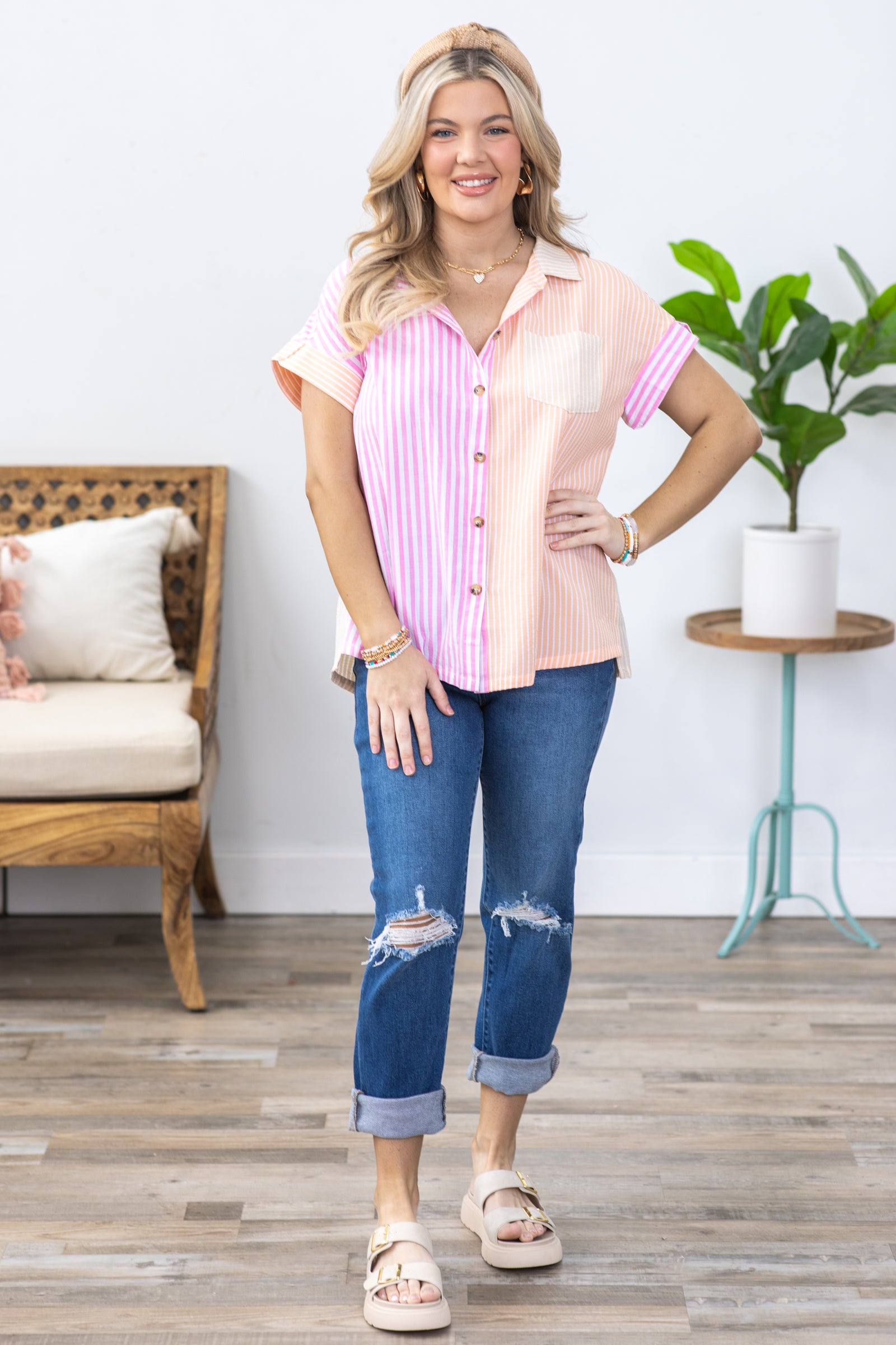 Pink and Orange Stripe Button Down Woven Top