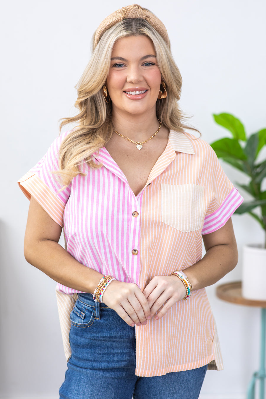Pink and Orange Stripe Button Down Woven Top