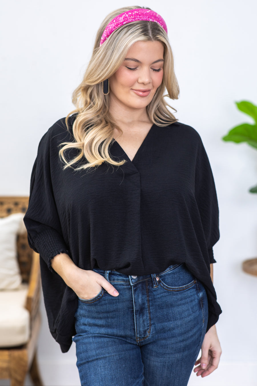 Black Airflow Top With Smocked Cuff