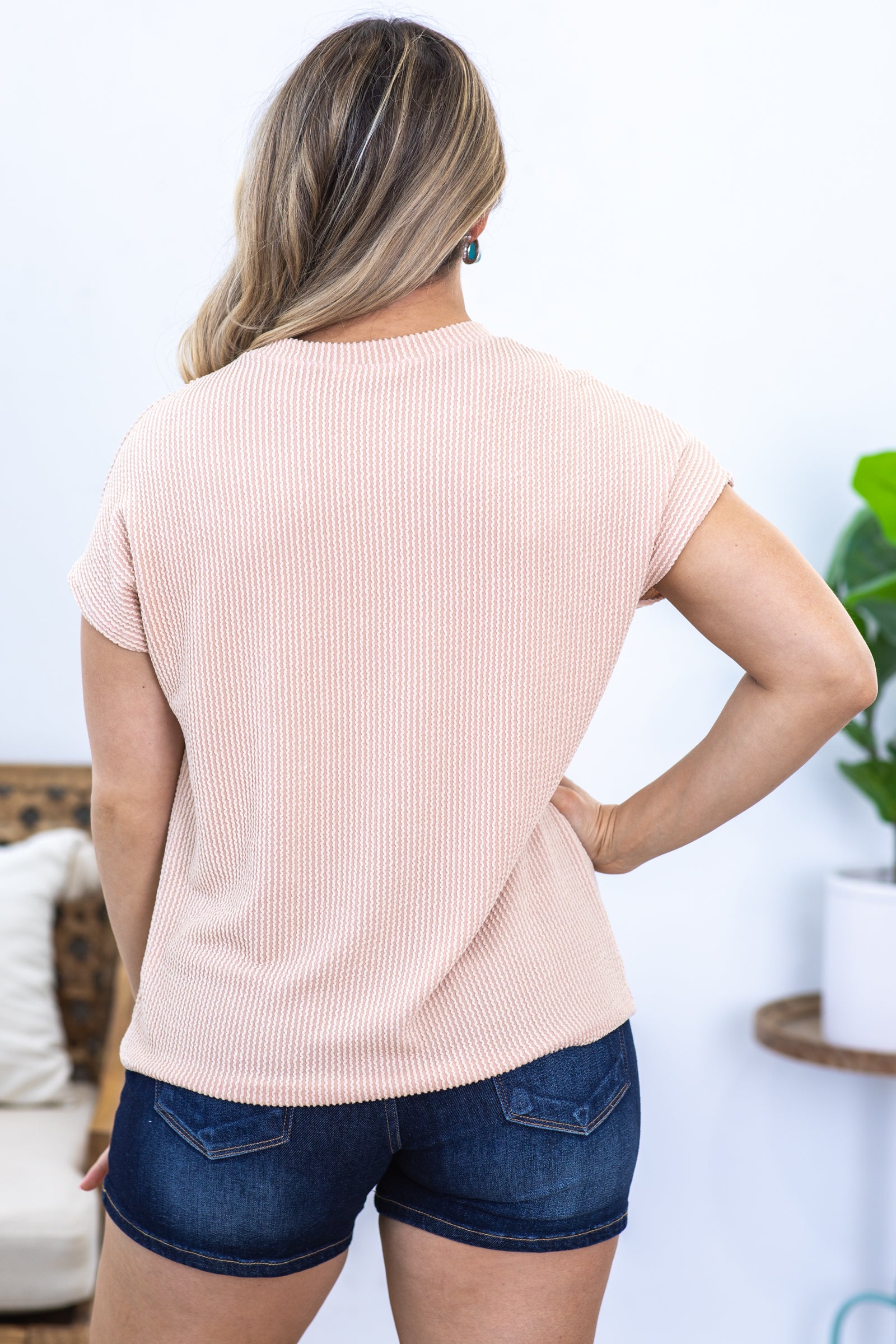 Tan Solid Ribbed Top With Pocket