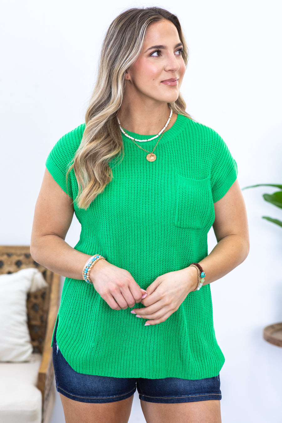 Kelly Green Sweater Knit Top With Pocket