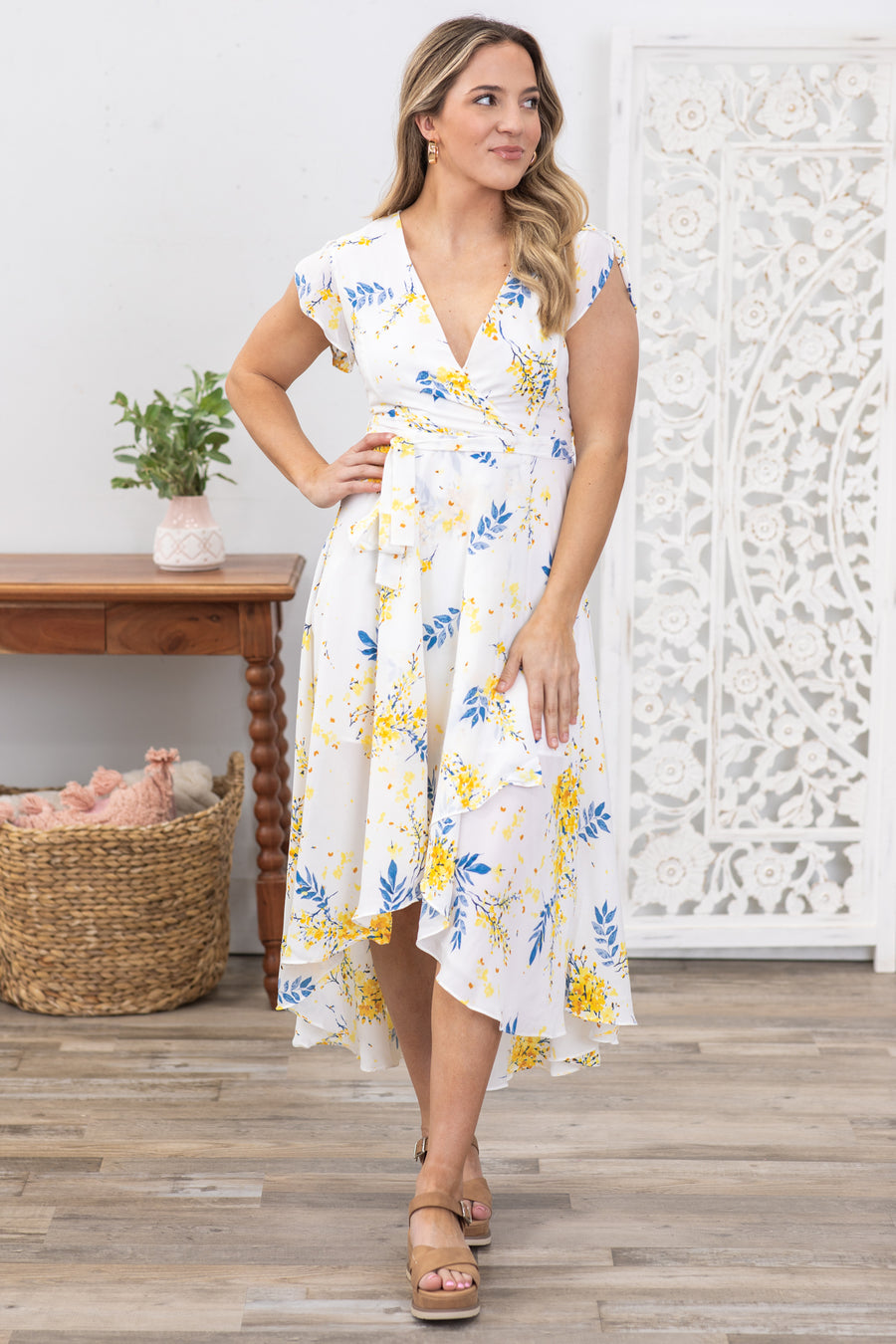 White and Yellow Floral High Low Maxi Dress