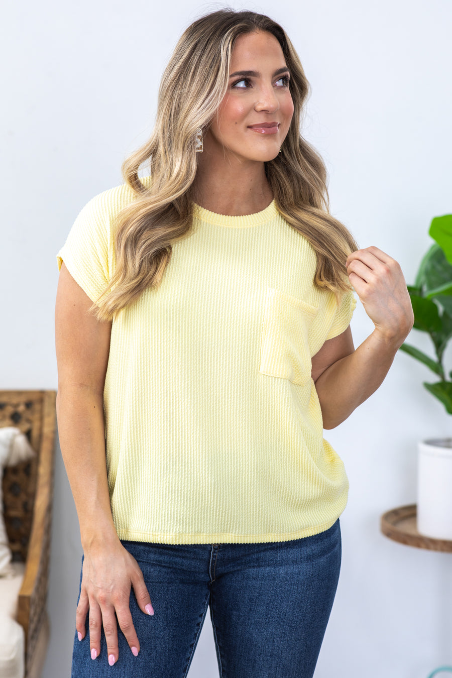 Pastel Yellow Solid Ribbed Top With Pocket