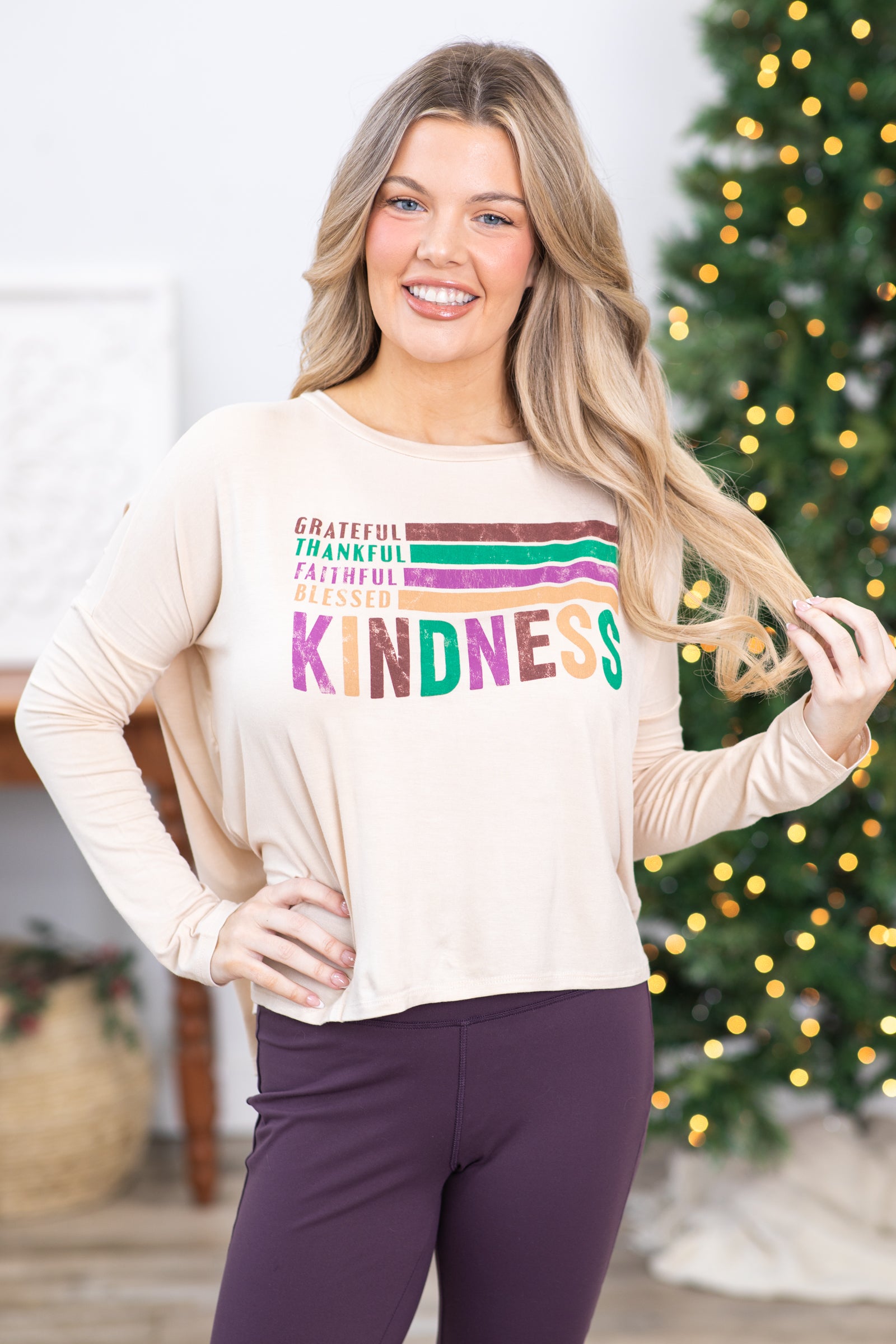 Beige Kindness Long Sleeve Graphic Tee