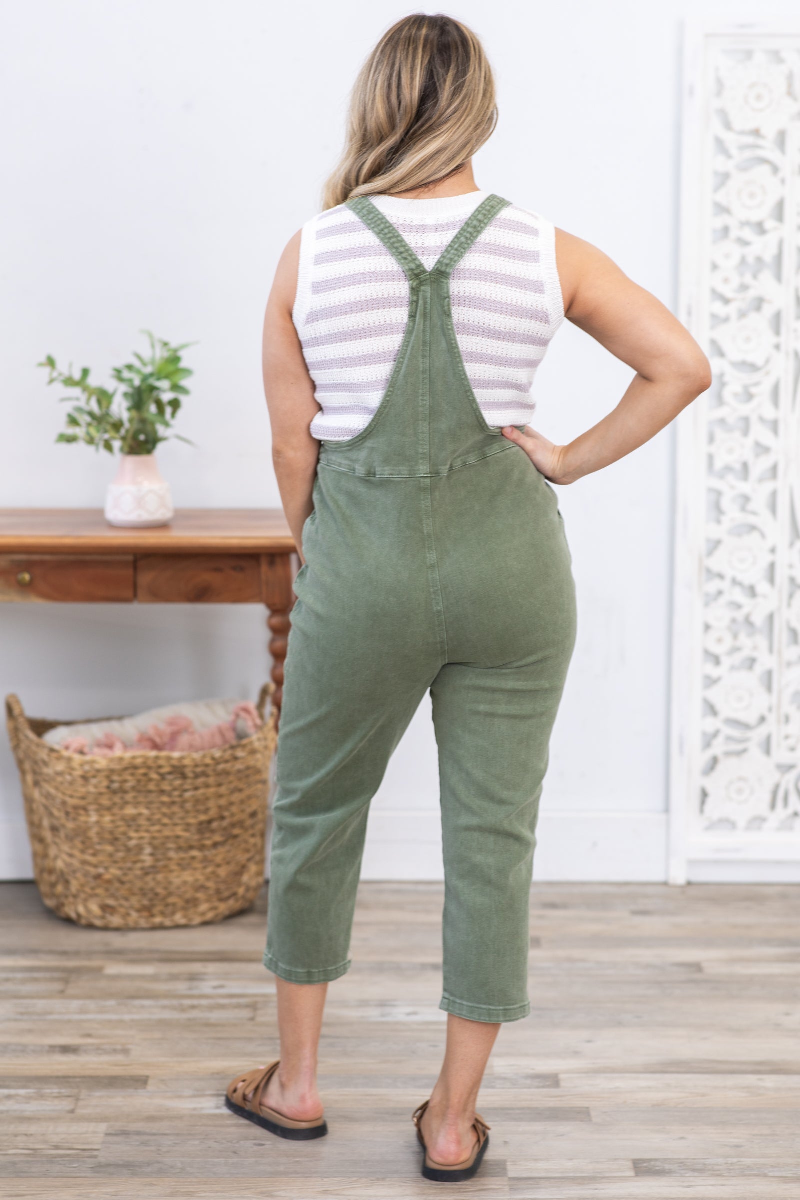 Sage Washed Knot Strap Relaxed Overalls