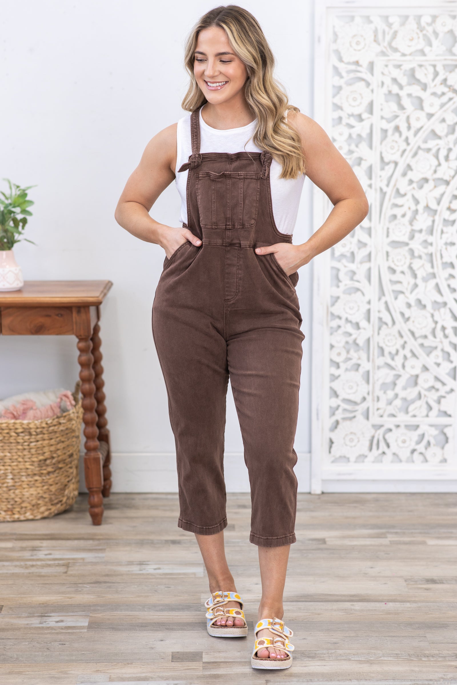 Brown Washed Knot Strap Relaxed Overalls
