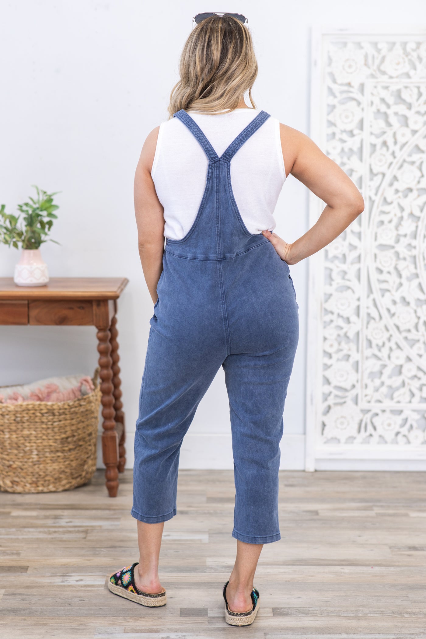 Navy Washed Knot Strap Relaxed Overalls
