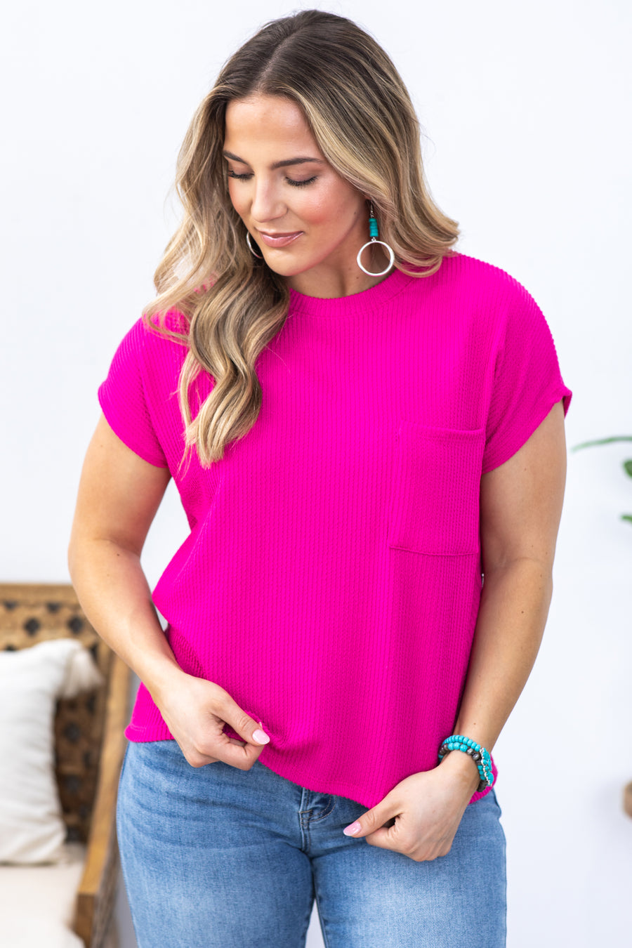 Fuchsia Solid Ribbed Top With Pocket