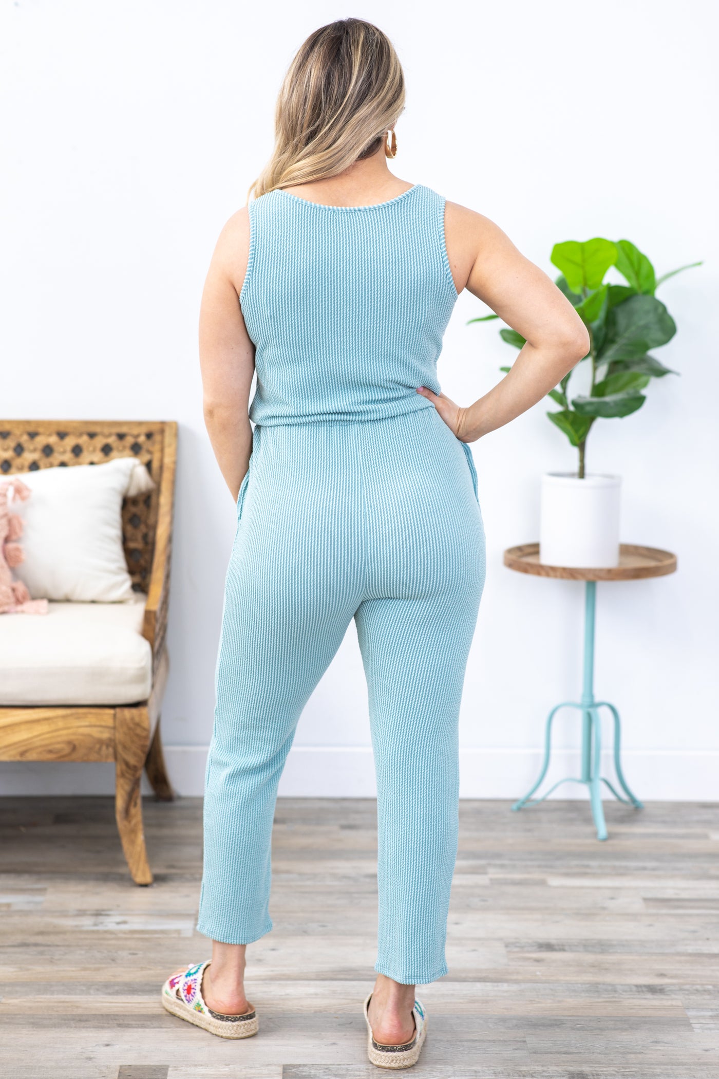 Dusty Teal Ribbed Sleeveless Jumpsuit