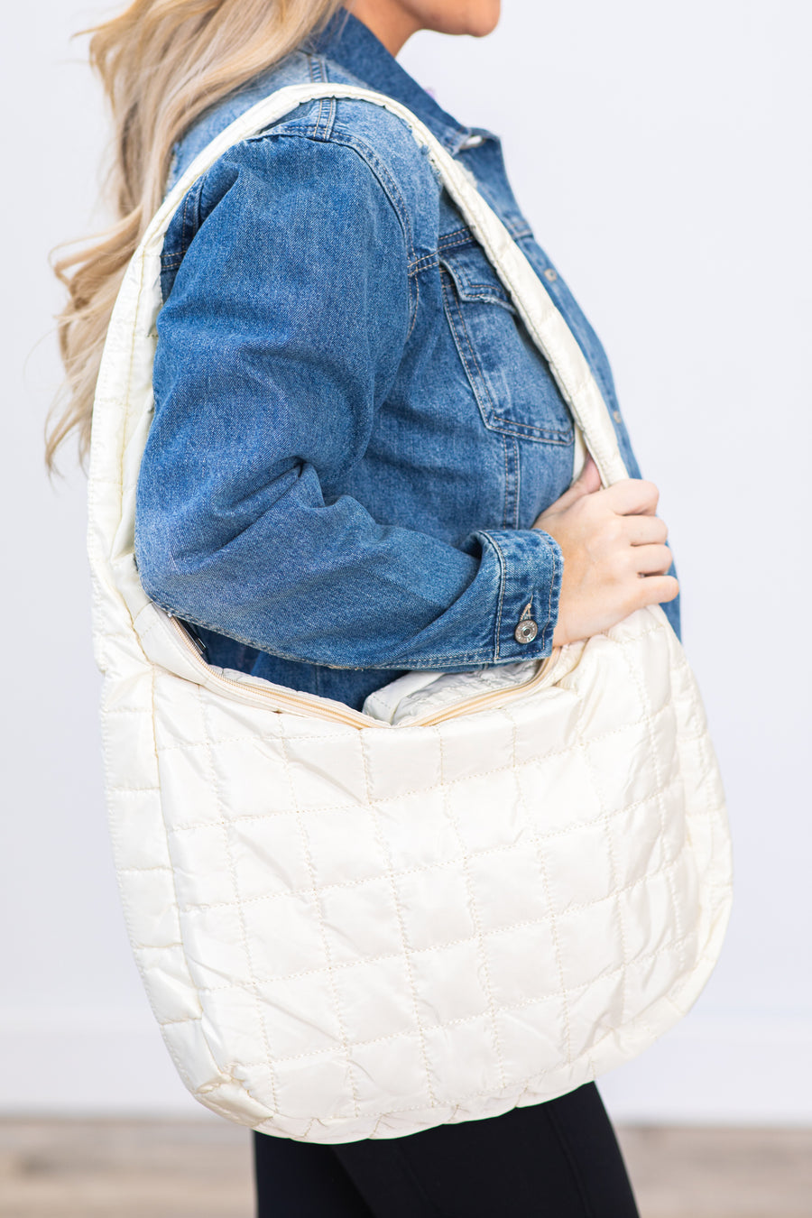 Cream Quilted Zipper Shoulder Bag