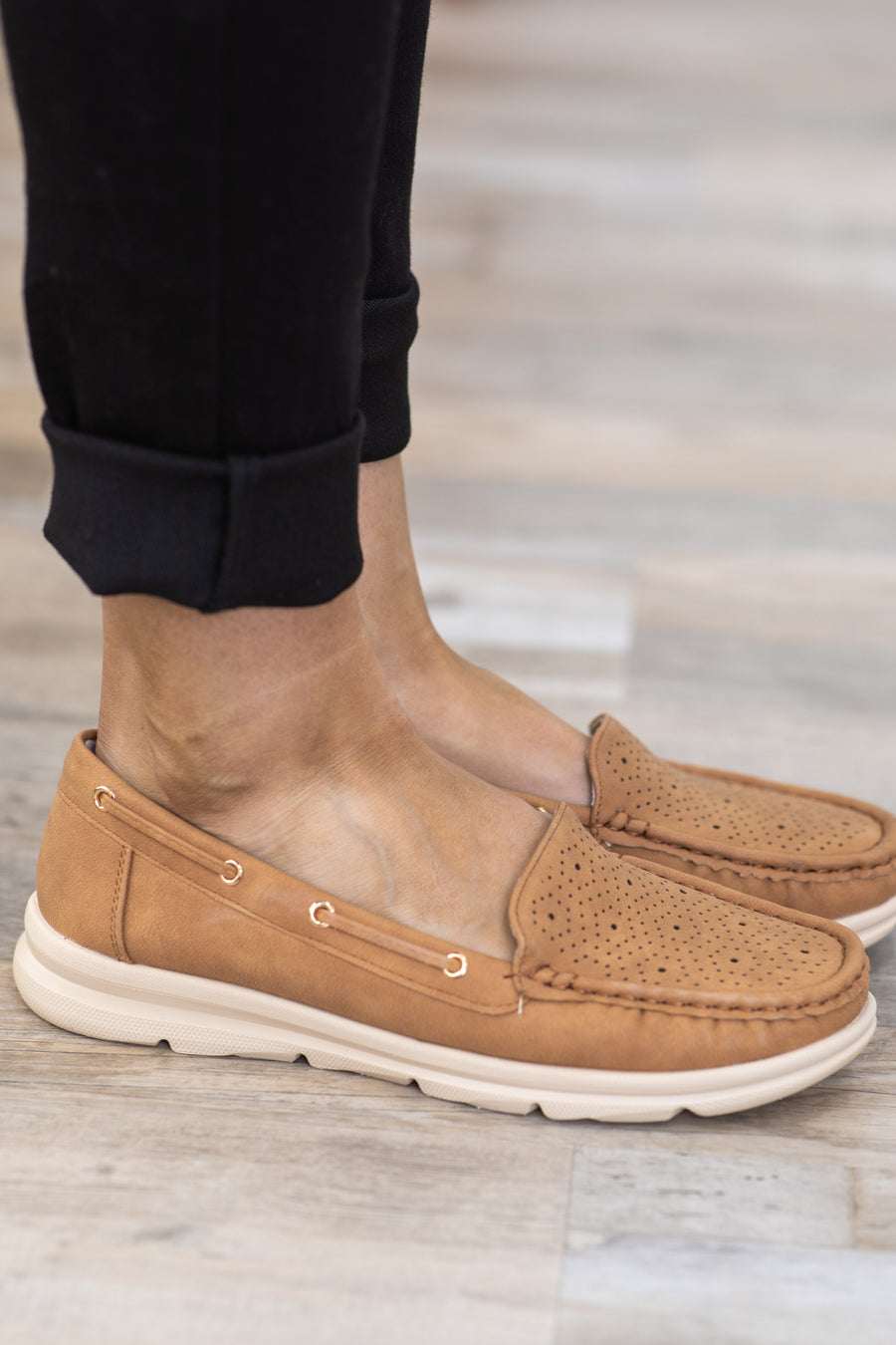 Camel Perforated Flat Loafer