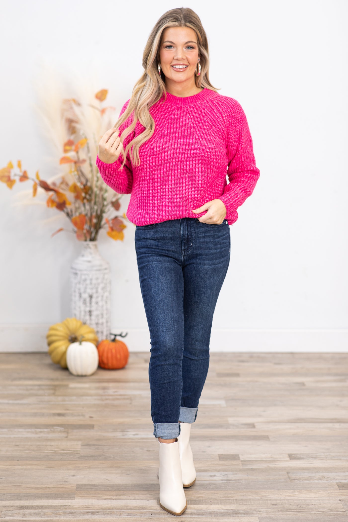 Hot Pink Ribbed Round Neck Sweater