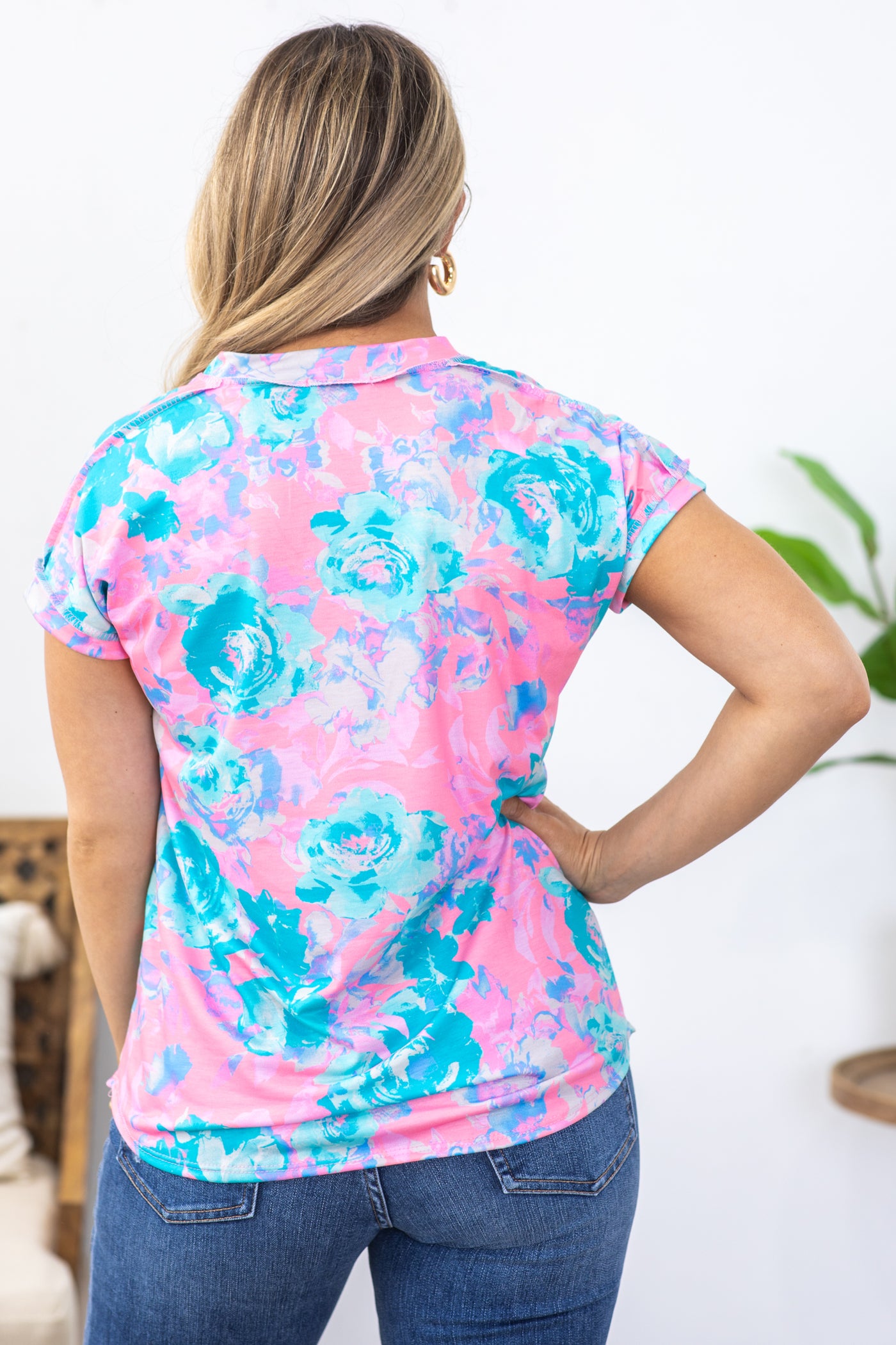 Baby Pink and Aqua Floral Knit Top