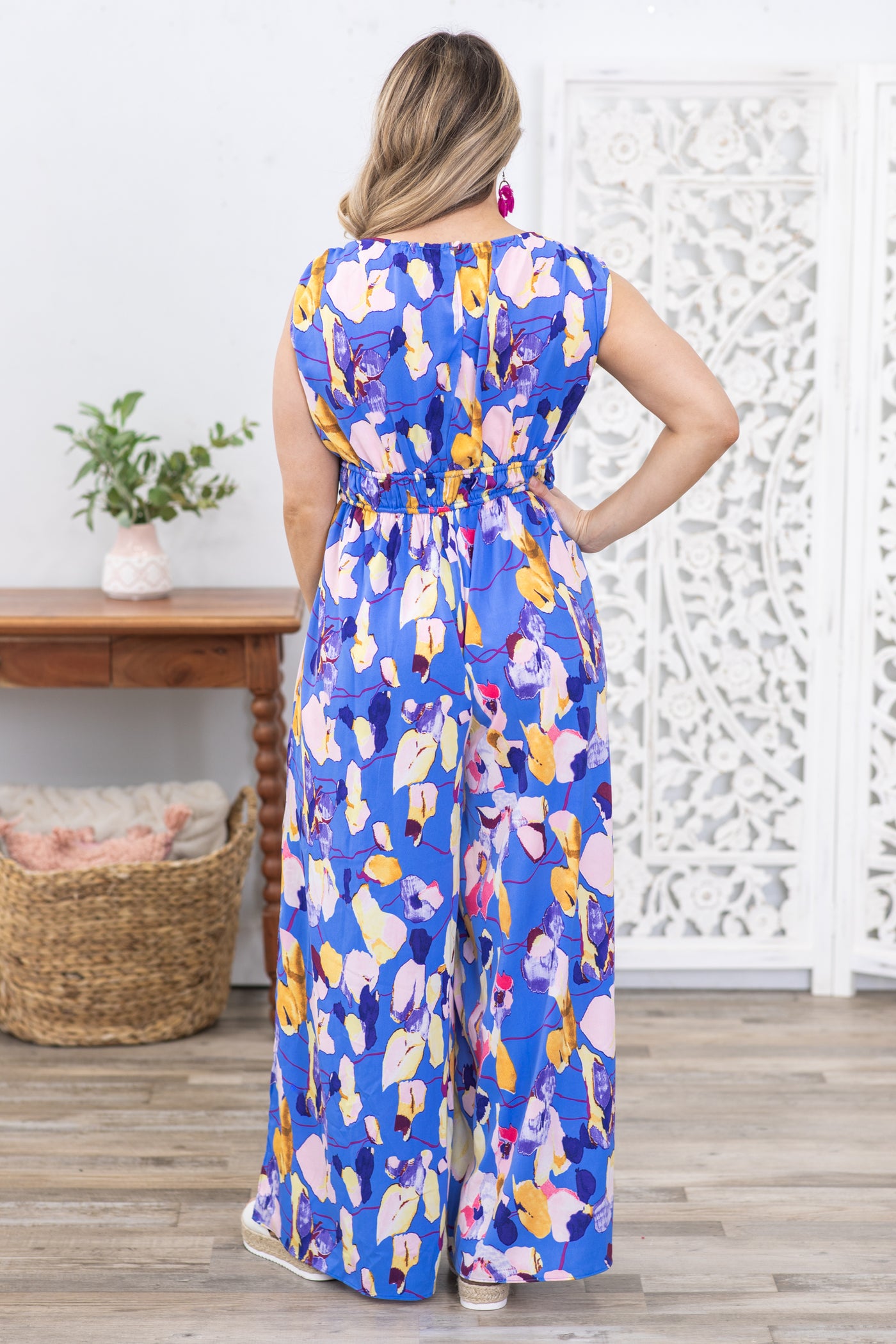 Blue Floral Print Jumpsuit With Side Slits