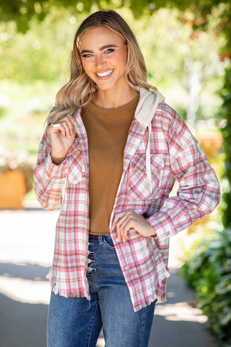 Pink and Cream Hooded Plaid Shacket