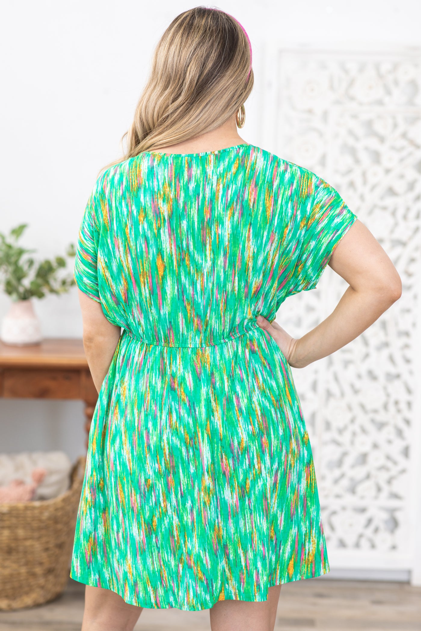 Bright Green Abstract Print Dress With Pockets