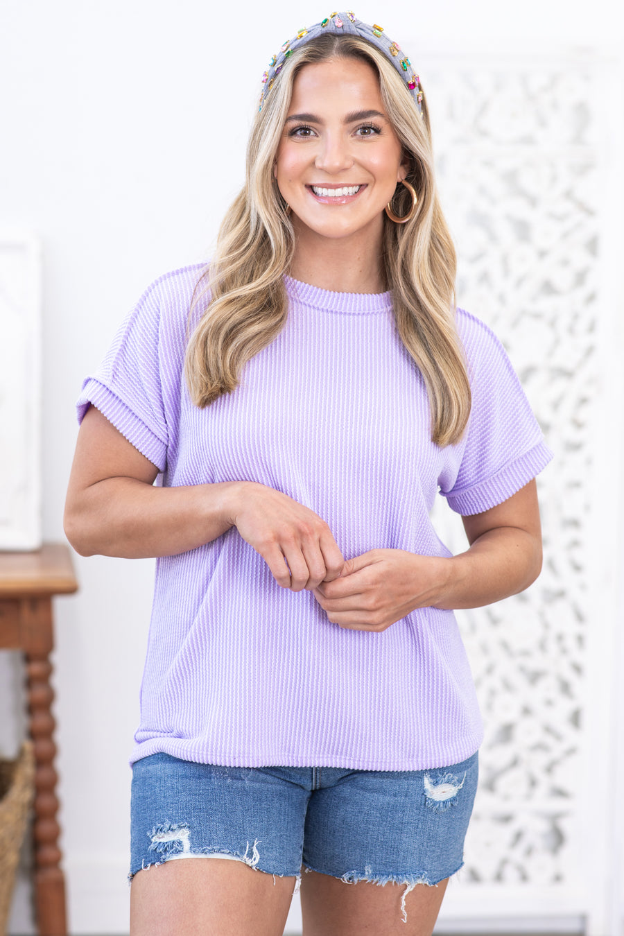 Lavender Ribbed Textured Knit Top