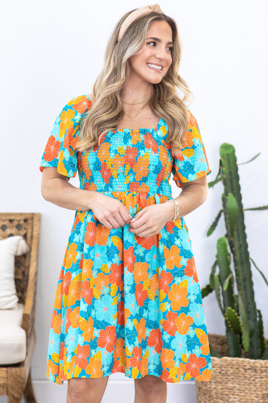 Turquoise and Orange Floral Smocked Dress