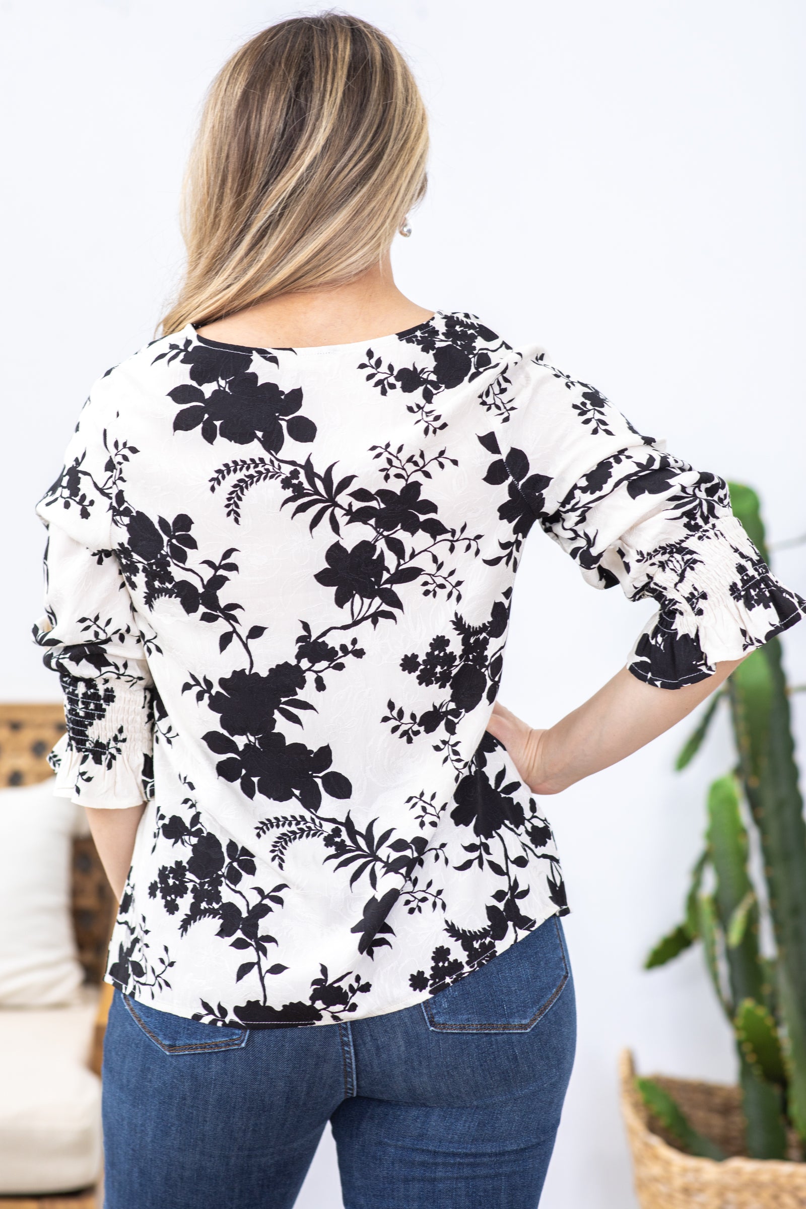 Ivory And Black Bubble Sleeve Floral Top
