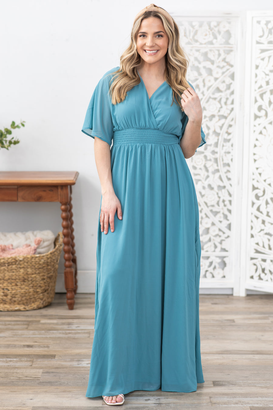 Dusty Teal Leg Slit Maxi Dress Filly Flair Dusty Teal Leg Slit Maxi Dress Filly Flair