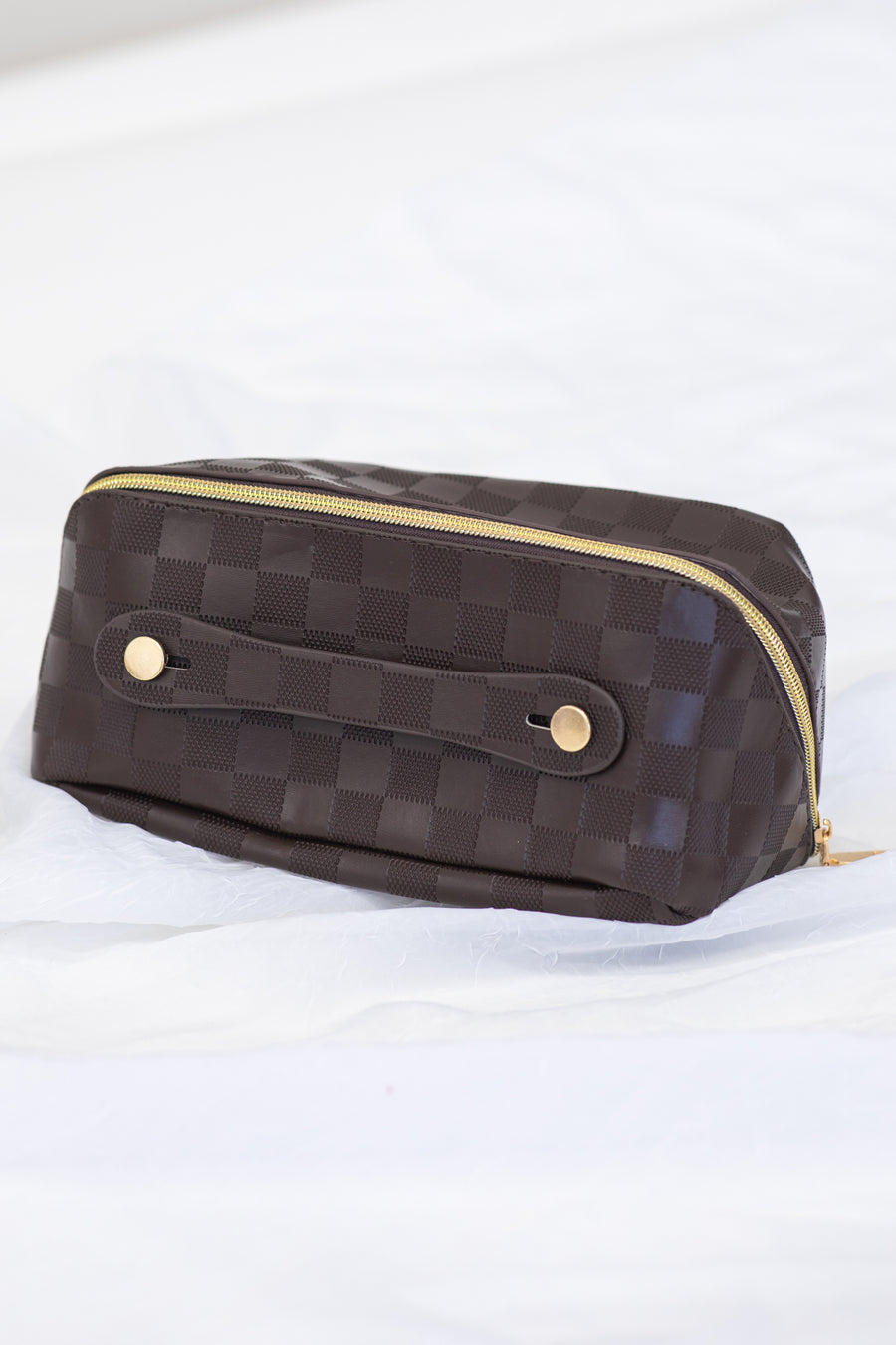 Brown Checkerboard Faux Leather Makeup Bag