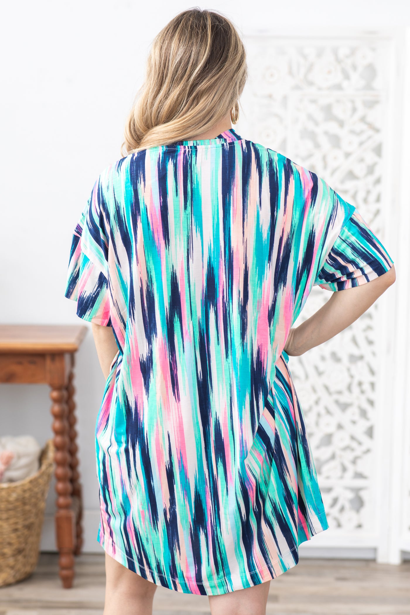 Turquoise Multicolor Abstract V-Neck Dress