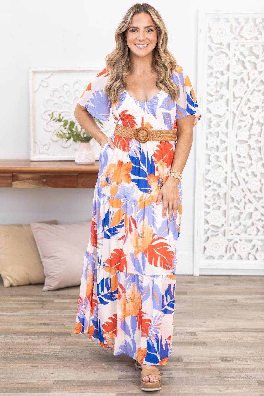 Blue and Orange Palm Tree Print Maxi Dress