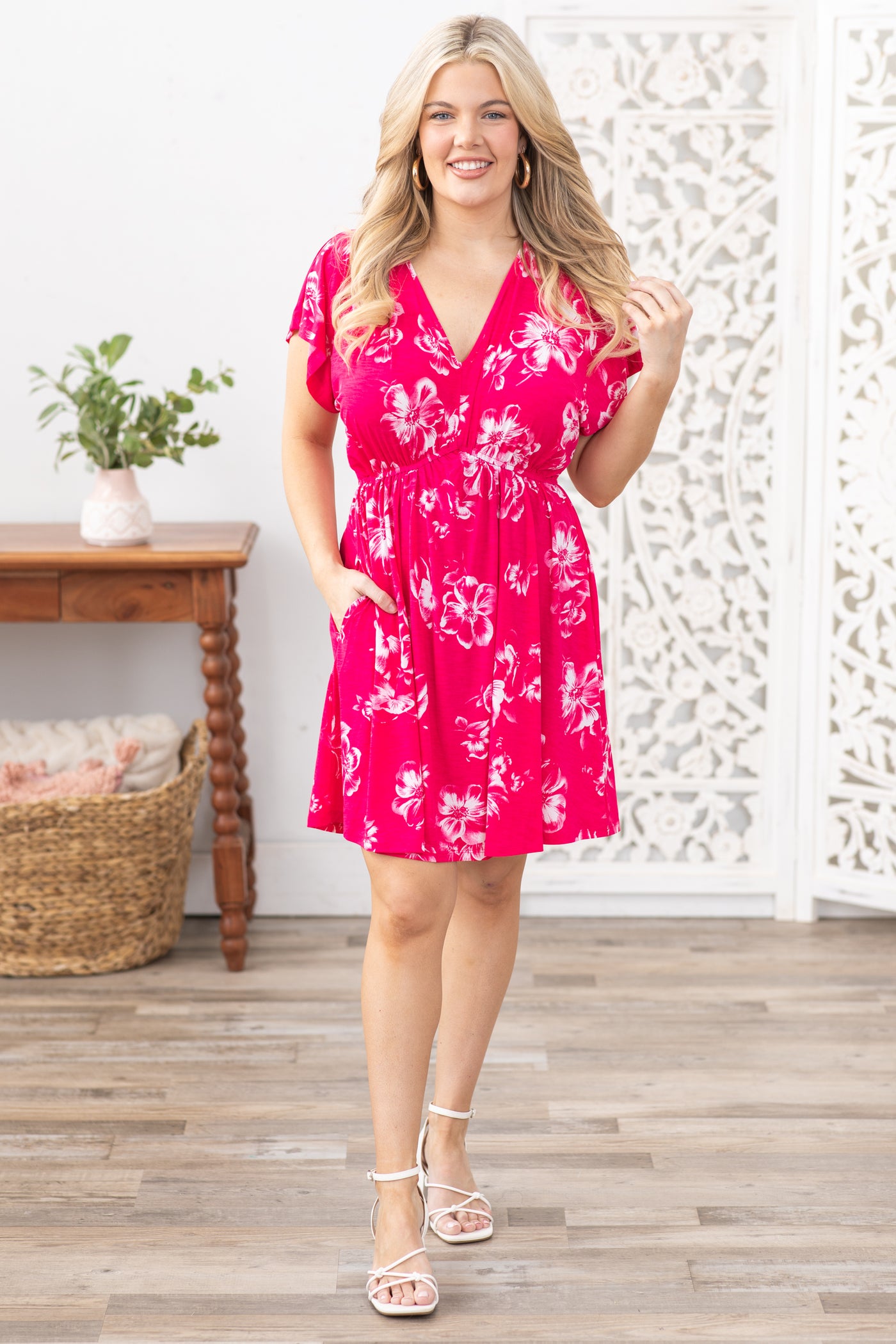 Hot Pink Flower Print V-Neck Jersey Dress