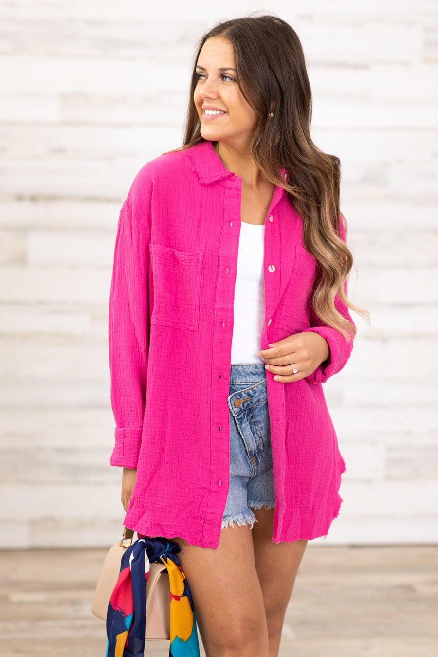 Fuchsia Textured Button Up Top With Pocket - Filly Flair