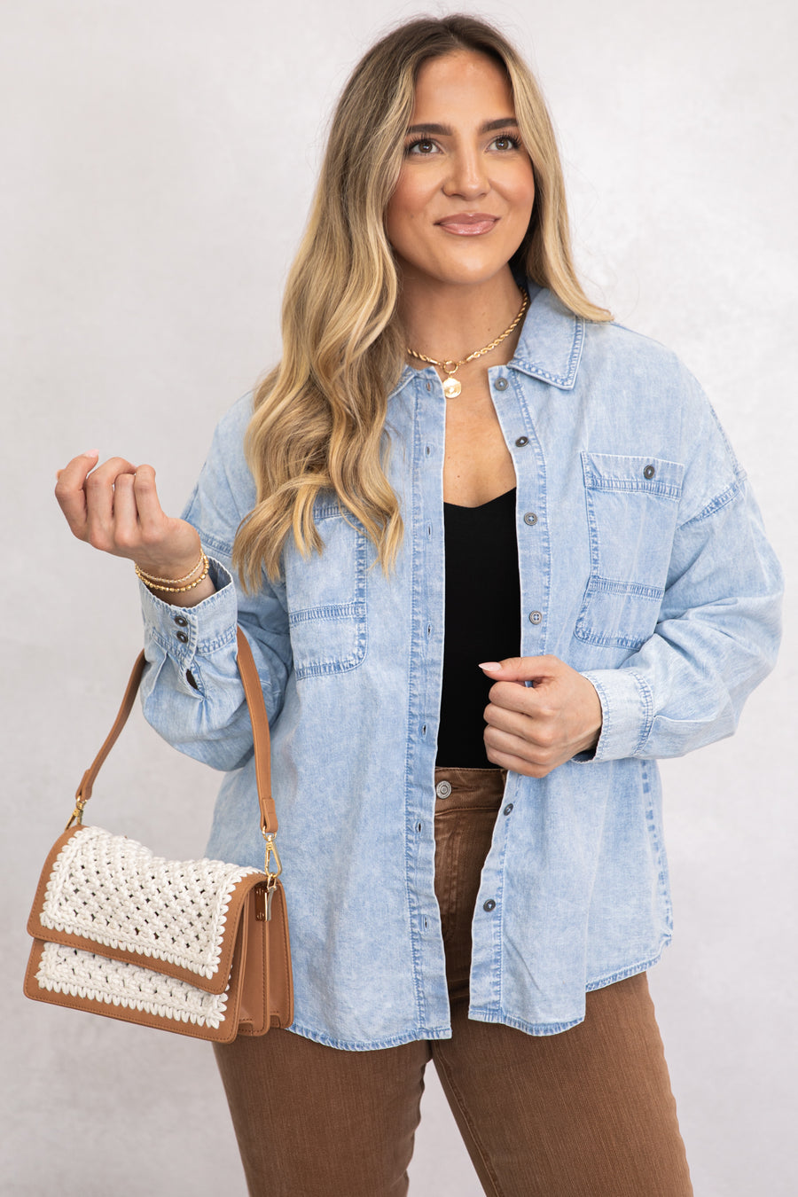 Chambray Washed Button Up Woven Top