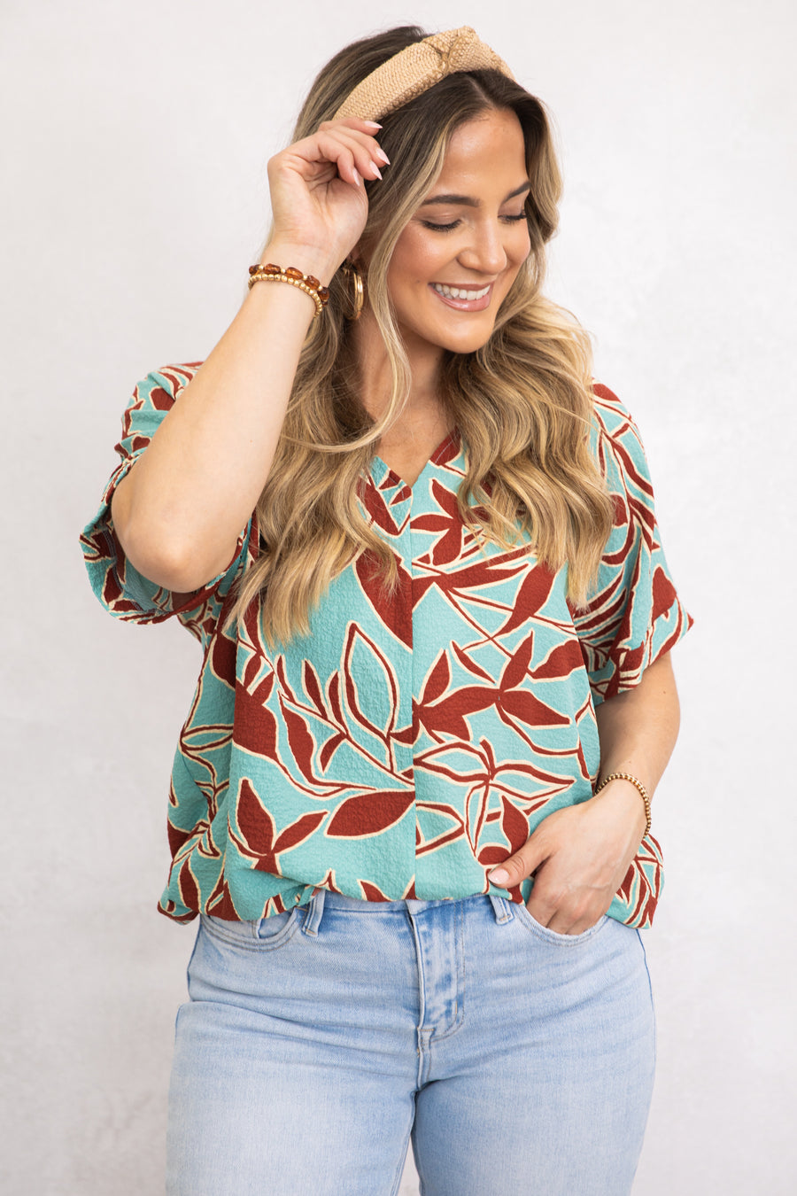 Light Teal and Rust Floral Woven Top