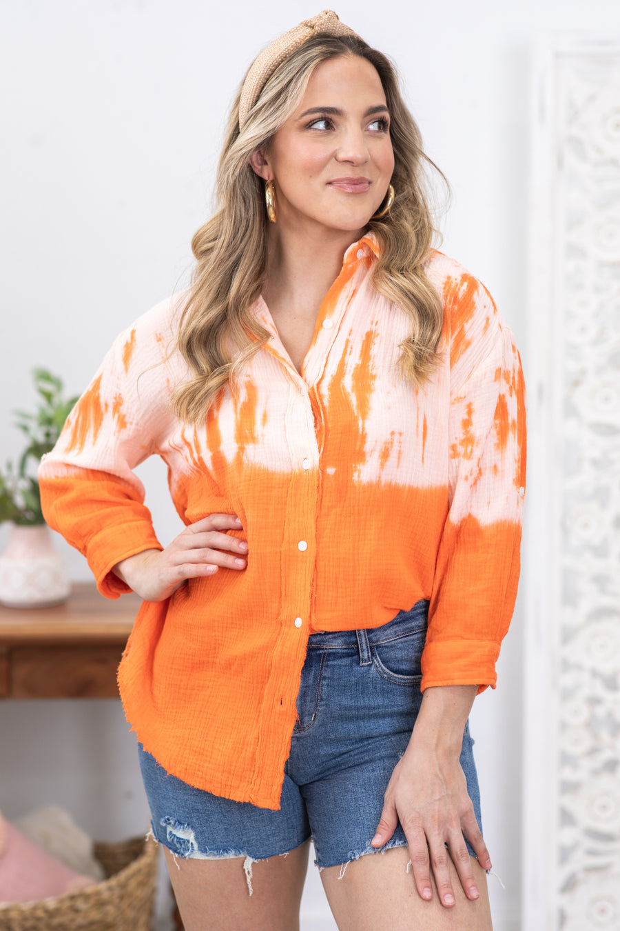 Orange and Peach Ombre Button Up Top