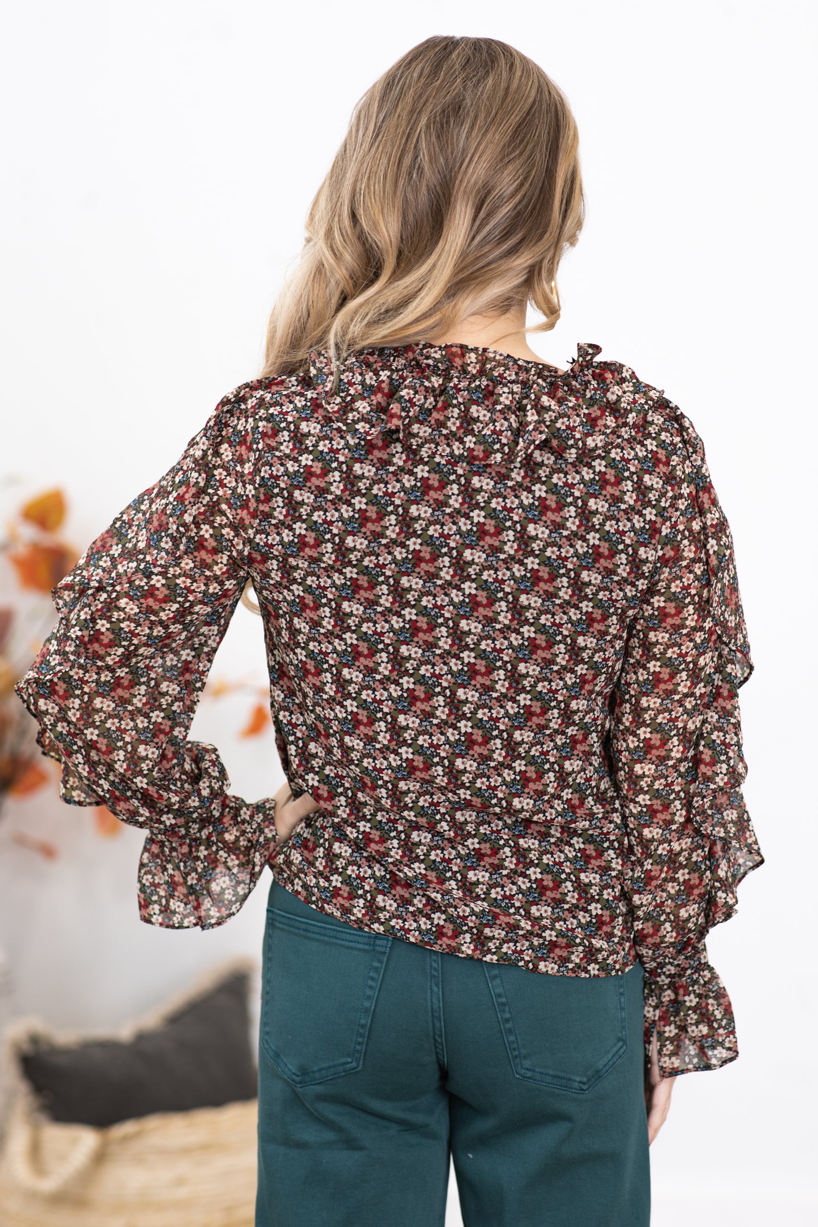 Wine Ditsy Floral Top With Ruffle Detail