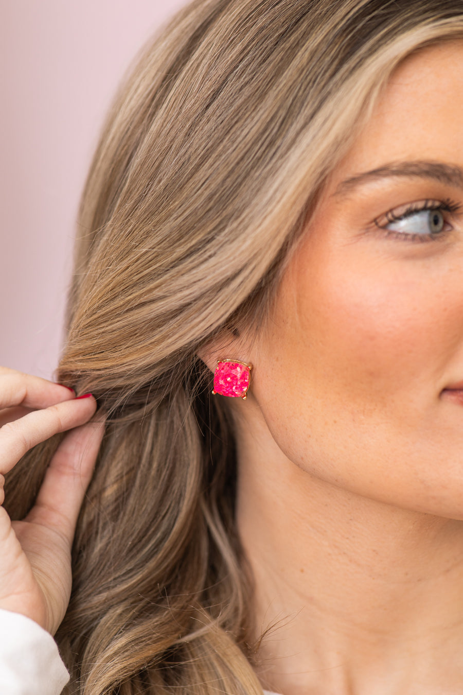 Pink Sequin Square Shape Stud Earrings