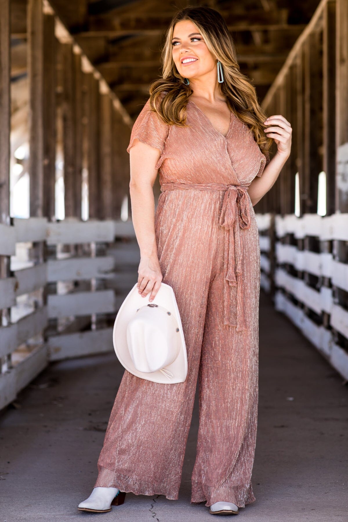 Dusty Rose Metallic Surplice Front Jumpsuit - Filly Flair