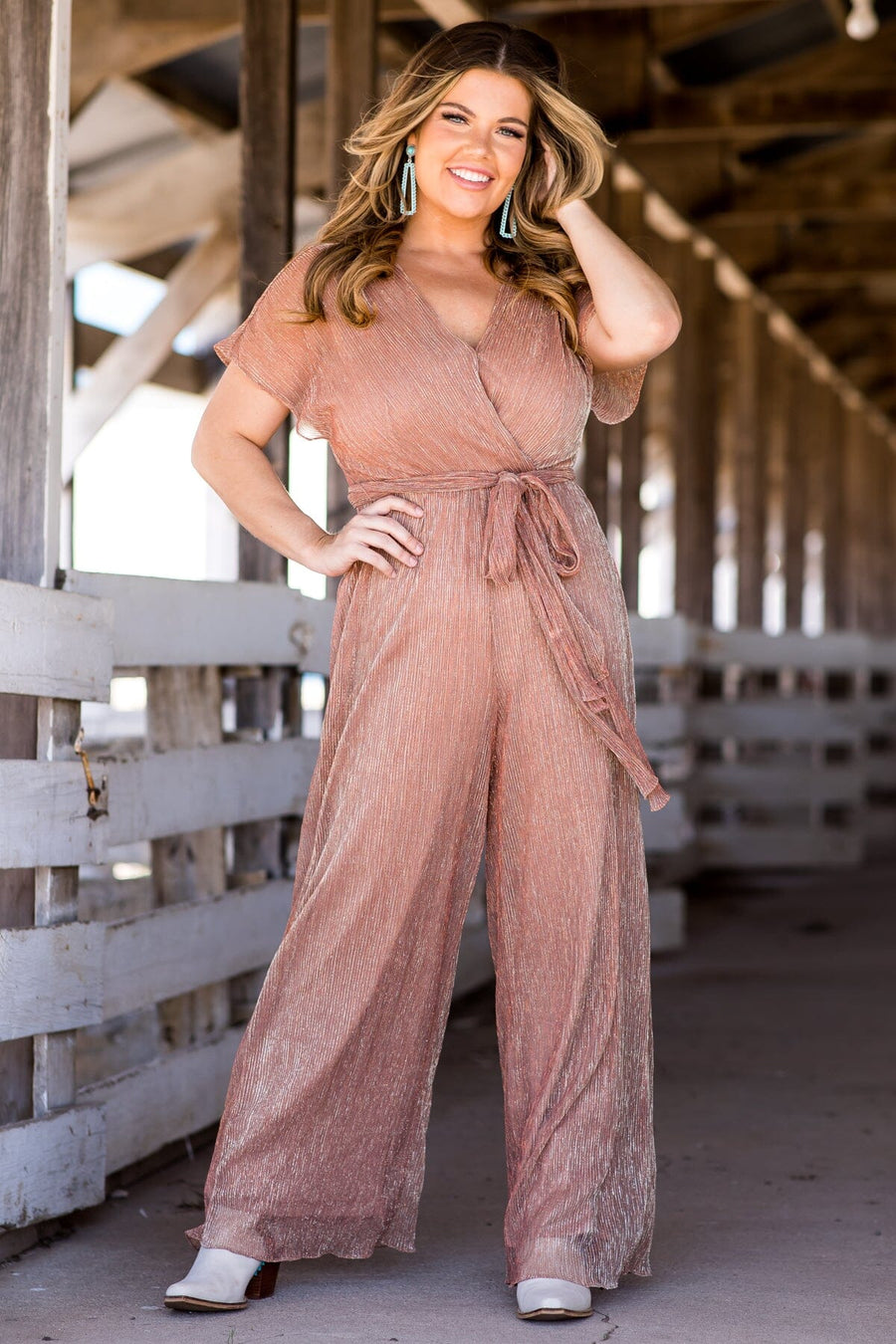 Dusty Rose Metallic Surplice Front Jumpsuit - Filly Flair